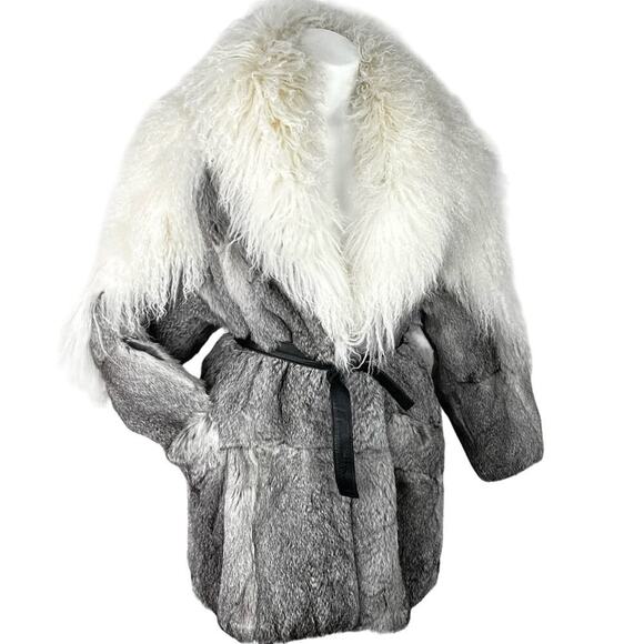 VINTAGE MONGOLIAN SHEARLING FUR AND GRAY RABBIT GENUINE FUR COAT SZ M OR L - Picture 1 of 15